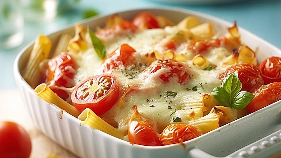 Cremiger Nudelauflauf mit Tomaten und Mozzarella